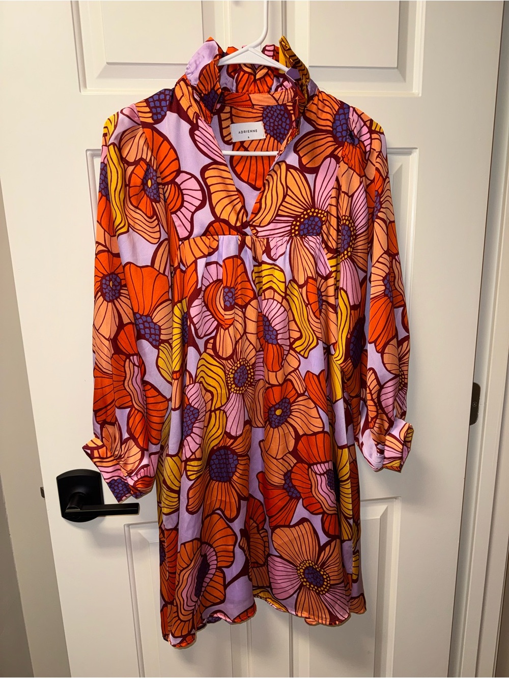 Adrienne Pink & Orange Floral Ruffle Neck Dress size Small